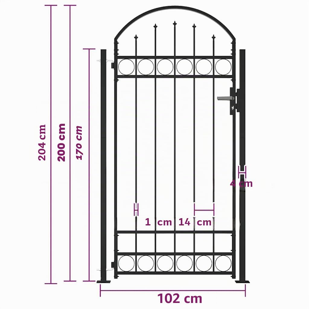 vidaXL Cancello per Recinzione Assen ad Arco Robusto Durevole Privacy con 2 Pali Serratura e Chiavi Ingresso Pedonale in Acciaio 105x170cm Nero