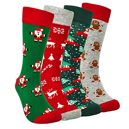 HSELL Mens Fun Patterned Dress Socks Funny Novelty Crazy Design Cotton Socks Gift for Men (4 Pairs - Christmas)