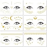 Briyhose Gold Moon Star Temporary Tattoo Sticker For Face Women Metallic, Star Dot Freckle Flash Face Tattoo Adult Girl, Twinkle Glitter Golden Temp Tatoo Carnival Halloween Party Body Makeup, 6-Sheet