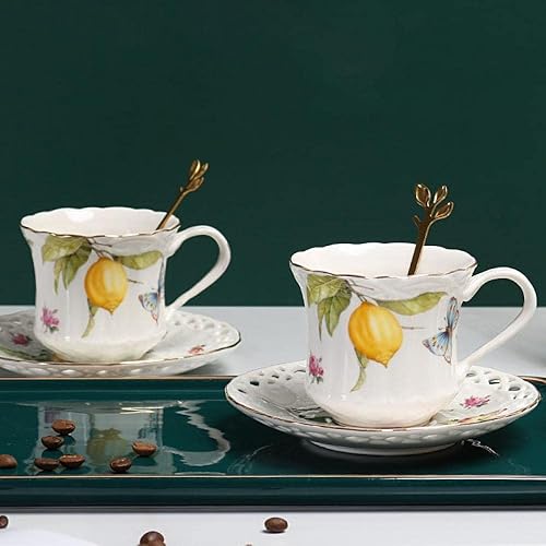 Miniatura 3 de Sizikato Juego de taza y platillo de porcelana con cuchara dorada, taza de té de 6 onzas, patrón de limón y mariposa