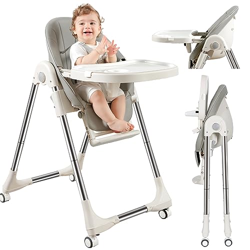 Image of Baby High Chair, High Chairs for Babies and Toddlers, Tray & Backrest & Adjustable Height, Five-Point Safety Belt and Double Tray and Swivel Silent Rollers, Space-Saving Folding High Chair