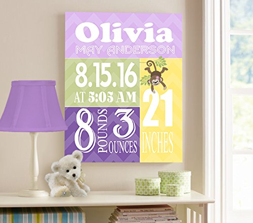Personalized Stretched Canvas Birth Announcement Gift, Custom Baby Name, Date, Weight Stats, Newborn Nursery Monkey Wall Art Decor, Wooden Frame Construction, Ready to Hang 24X30