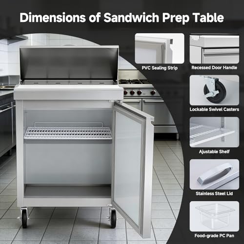 Image of BODEGACOOLER 27 inch W Sandwich Prep Table Refrigerator, 8.03 Cu.Ft Pizza Prep Table, Commercial Salad Bar with Single Stainless Steel Door, 8*1 /6 Pans, Cutting Board for Restaurant, Home, Cafe, Bakery