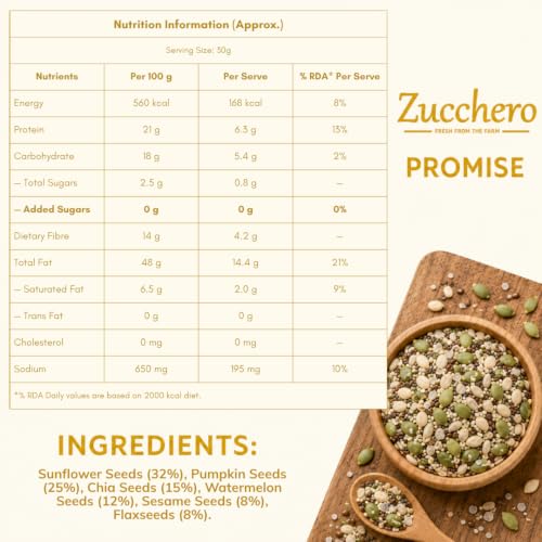 Image of Zucchero Roasted & Salted Seed Mix - 6 in 1 Super Crunchy Mix (400g) | Healthy Snack | Omega-3 | Hi-Protein | Hi-Fibre | Roasted Chia, Pumpkin, Sunflower, Watermelon, Sesame, Flax | Oil-Free Roasting| No preservatives |