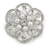 Tema: flor. Broche en forma de flor abierta de perlas de fantasía chapado en rodio, 50 mm