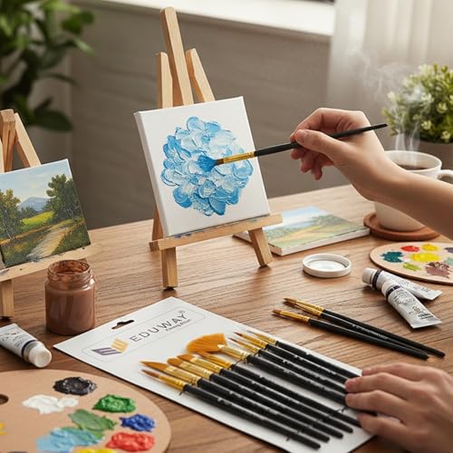 Image of Eduway Painting Brush Set of 12 | Professional Artist Brushes with Rounded Pointed Tips | Suitable for Acrylic, Watercolor, Gouache | Ideal for Beginners, Students, Artists & Hobbyists