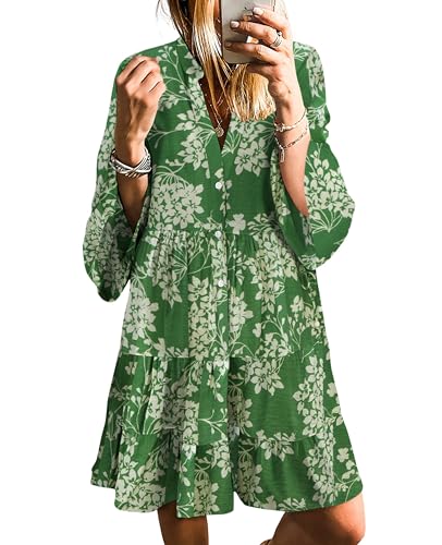SELINK Womens Long Sleeve Dresses Casual V Neck Tribal Print Button Flowy Boho Mini Beach Dress Green Floral-M