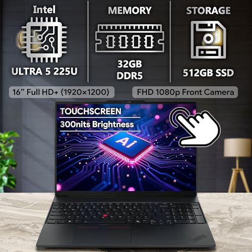 Image of Lenovo ThinkPad E16 Gen 3, 16 inch FHD+ Touchscreen, Intel Ultra 5 225U, 32GB DDR5 RAM, 512GB NVMe, Fingerprint, Backlit KB, WiFi 6E, RJ-45, FHD Webcam, Windows 11 Pro, AI Business Laptop - Black