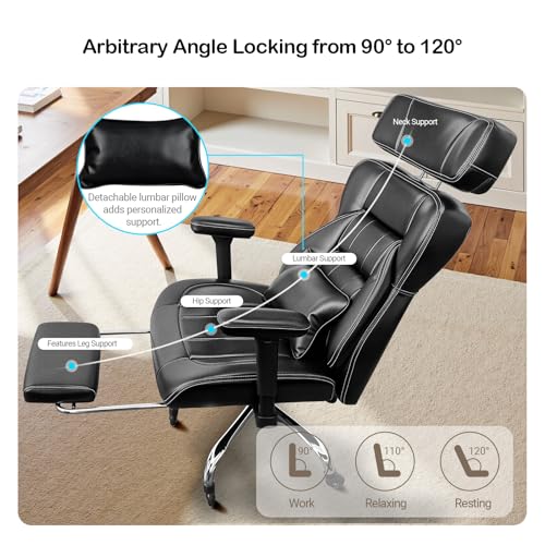 Poltrona Ufficio 200 kg, Sedia da Ufficio Gas Lift a 4 Livelli, Cuscino Extra Largo con Molla, Poggiatesta Regolabile, Braccioli 3D, Ergonomica con Poggiapiedi e Ruote in Gomma, PU Nero - Sedia gaming - Immagine 5