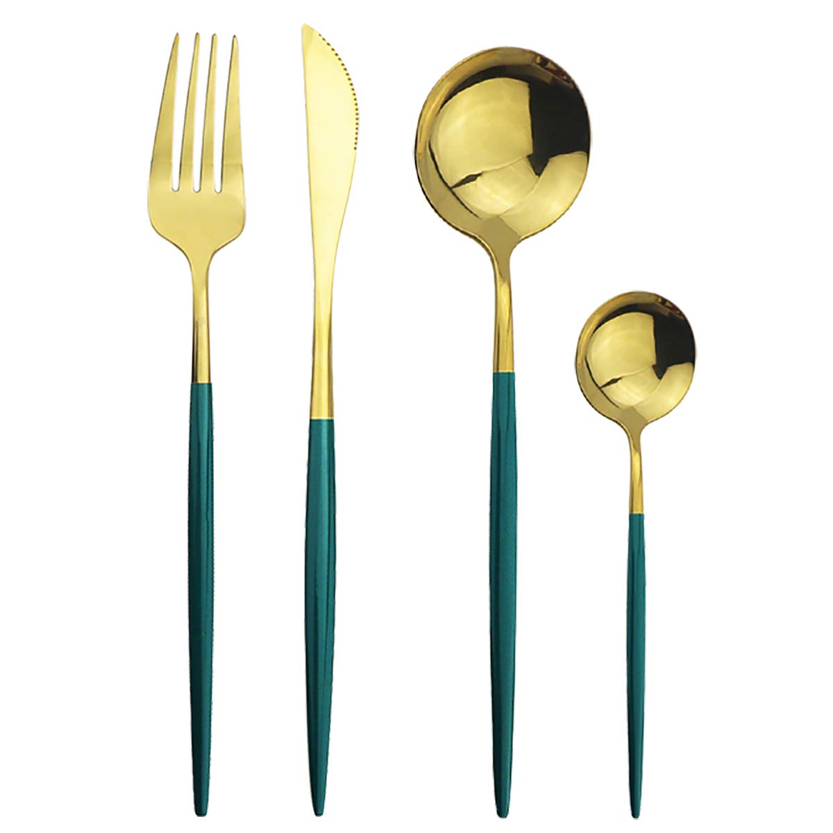 Puzhler 4pcs Dinnerware Set 18/0 Stainless Steel,Golden Flatware Set for 1 Person, Kitchen Silverware Cutlery Tableware Anti-rust Utensil Set, Steak Knife Set (Green + Gold)