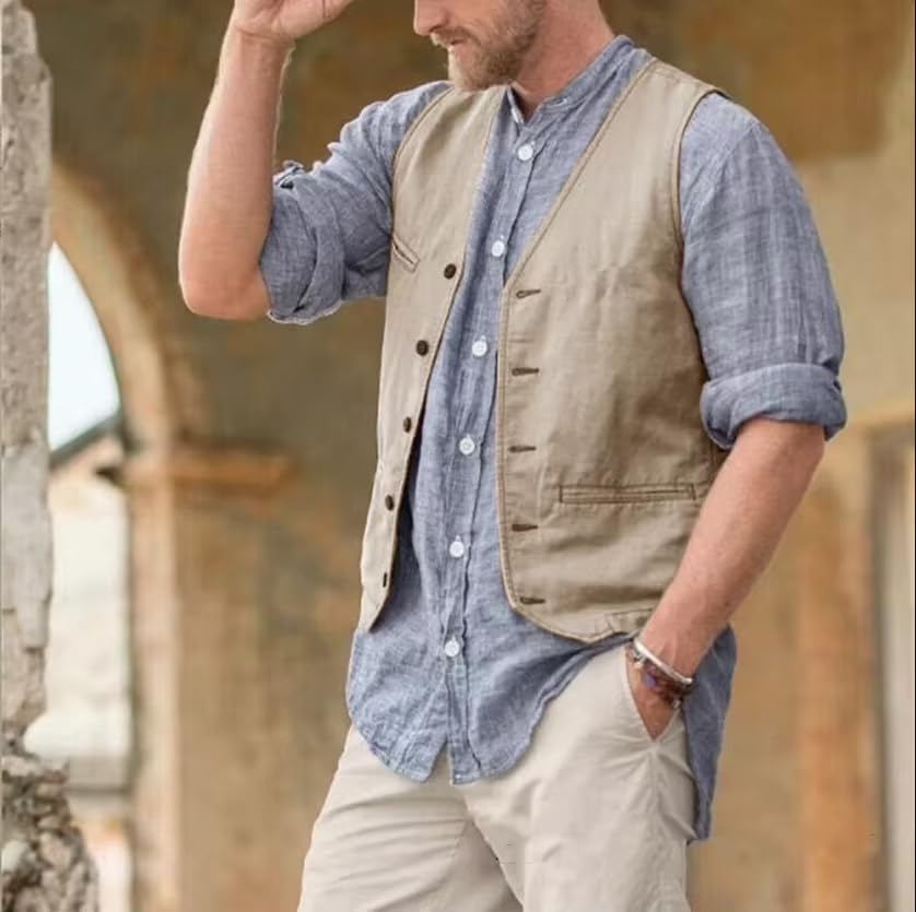 Men Vest Linen V Neck Lightweight Summer Casual Vest For Men Beach Wedding Groomsmen Waistcoat3