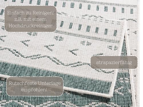 NORTHRUGS In- und Outdoor Teppich Kuba 80x250cm - Wendeteppich Wetterfest Boho Design Ethno Muster Läufer für Balkon Terrasse Garten Wintergarten Wohnzimmerteppich Wasserfest in Grün Creme