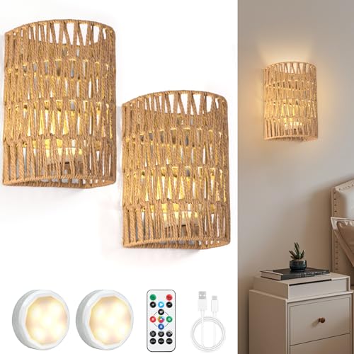 Image of FINCMY Boho Wall Decor Rechargeable Wall Sconce, 18 RGB Colors Dimmable Wireless Wall Lights Battery Operated Wall Sconce for Bedroom Living Room Hallway, Natural Hemp Rope Boho Decor