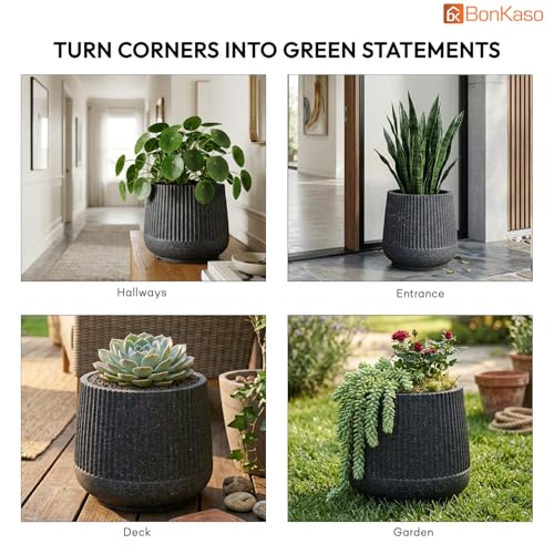 Image of BonKaso 12 Inch Audi Plant Pot for Indoor & Outdoor Use | Heavy Duty Durable Polymer Flower Pot Gamla | Lightweight Modern Planter for Living Room, Balcony, Terrace & Office Decor (Dark Grey)