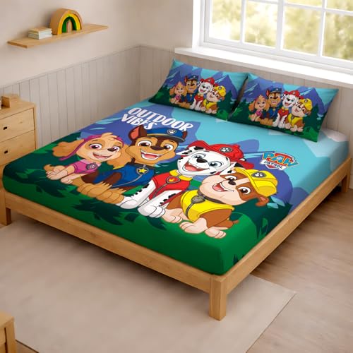 Image of Sassoon Paw Patrol Outdoor Vibes Digital Printed 100% Cotton Bedsheet with 2 Pillow Covers in 300TC