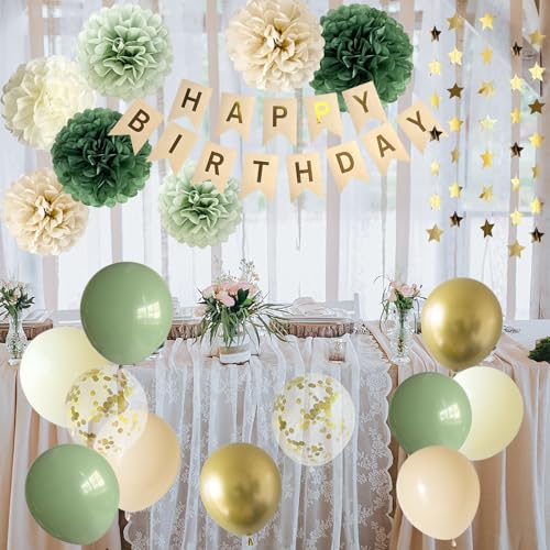 Ansomo BPD22 Sage Green Happy Birthday Party Decorations Retro Green Nude Ivory Dark Olive Kraft Paper Banner Balloons Neutral Rustic Boho Blush Safari Botanical Greenery Wild Décor Supplies Women Adults thumb #3