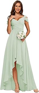 Women's Off Shoulder Chiffon Bridesmaid Dresses Ruched High Low V Neck Formal Gown with Pockets YZTS304 - Buy now