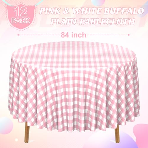 Image of 12 Pack Pink Gingham Tablecloth Round, Premium Decorative Disposable Pink and White Checkered Plaid Table Cloths for Parties, Round Party Table Cover for Picnic Farm Birthday Wedding Festivals, 84Inch