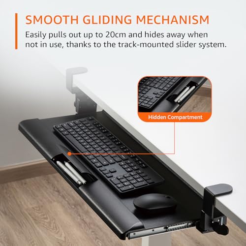 Image of Amazon Basics Ergonomic Under-Desk Keyboard Tray | Slide-Out Design with Sturdy C-Clamps | Space-Saving | Non Drill Clamp On Mount | Fits Desks Upto 48mm Thickness | 68 L x 28.3 W x 2.9 H cm
