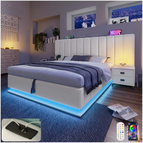 Lubvtti Cama acolchada con control de aplicación LED y función de carga USB-C, cama de matrimonio con almacenamiento de 180...