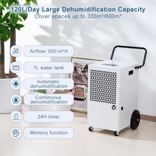 Bild 1 - 120 L/Tag Elektrischer Luftentfeuchter Raumentfeuchter für Keller: Leistungsstarkes Entfeuchtungsgerät Groß mit 7L Wassertank 24-Stunden-Timer für Badezimmer und Räume bis 300m³/600 m³