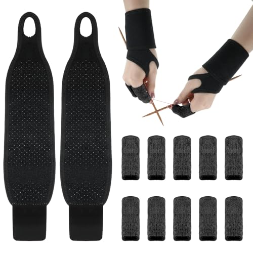 12 PCS Finger Sleeves Protectors, Thumb Wrist Brace Compression Gloves Sport Finger Sleeves Comfort Fingerless Crocheting Support Glove, Elastic Thumb Brace Support for Crochet