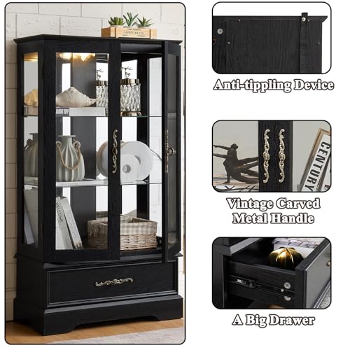 Image of 47 inch H Lighted Curio Cabinet Display Case, Glass Cabinet with Adjustable Shelves,Tempered Glass Door and Drawer, Wooden Curio Cabinet with Mirrored Back Pane for Living Room (Black)