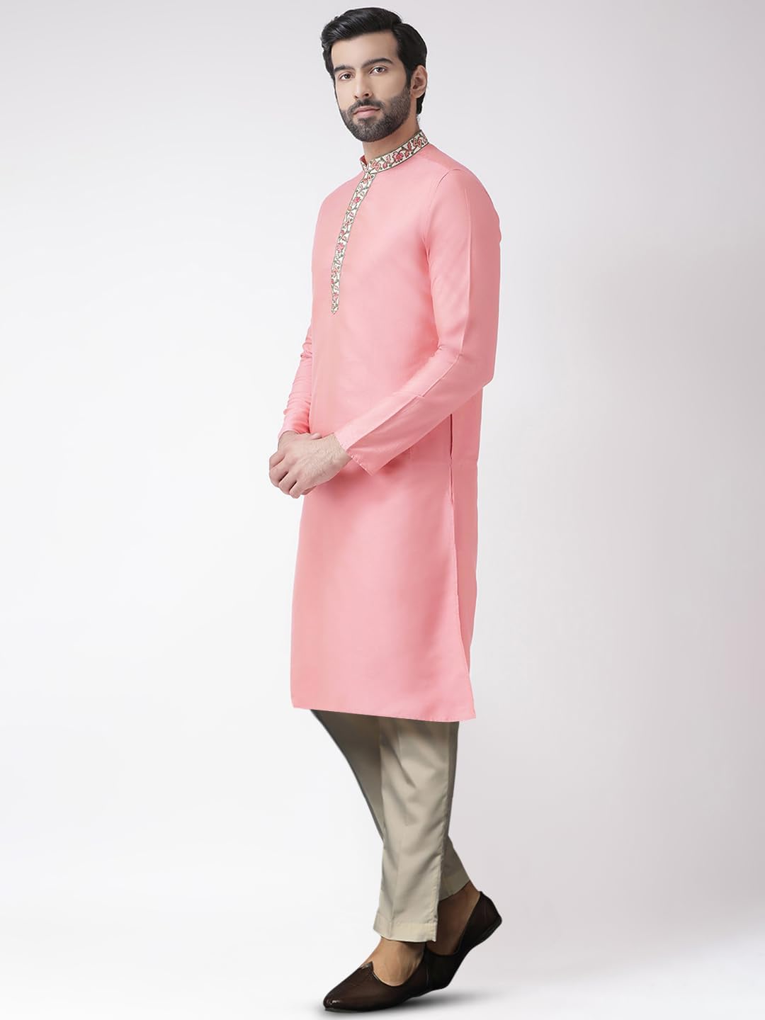 KISAH Men's Kurta – Solid Pattern Cotton Blend Tunic with Mandarin Collar, Regular Fit – Indian Wedding Outfit for Men – Festive Wear for Diwali, Eid & Celebrations, Hot-Pink, 42