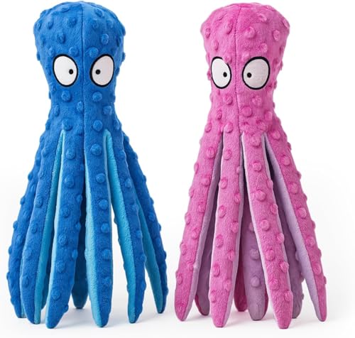AdoPet Squeaky Octopus Dog Toy No Stuffing Crinkle Sound Plush Chew Toy for Small and Medium Dogs Durable and Machine Washable 2 Pack (Blue & Pink)