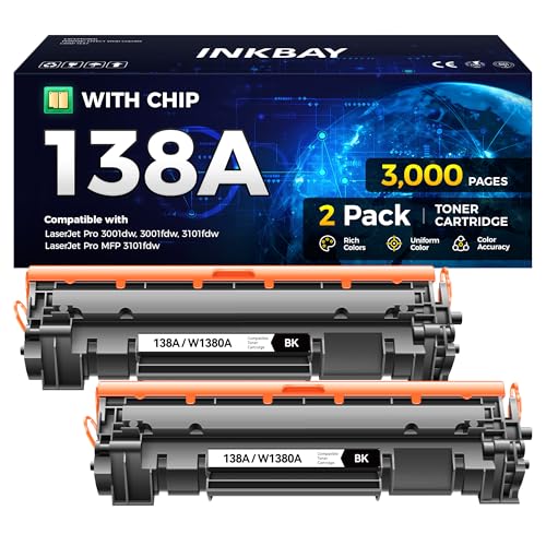 138A 2Black LaserJet Toner Cartridge High Yield Replacement for HP 138A 138X W1380A W1380X Compatible with HP LaserJet Pro 3001dw 3001fdw MFP 3101fdw Printer Ink 3001dwe 3001fdwe 3101fdwe All-in-One