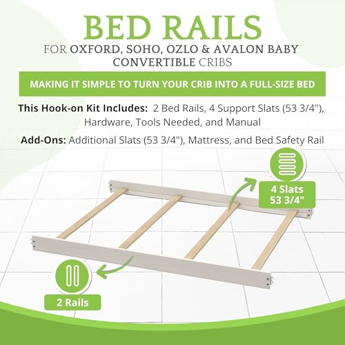 Image of Full-Size Conversion Kit Bed Rails for Oxford, Soho, Ozlo & Avalon Baby Convertible Cribs - Solid Wood - Toddler & Adult Rail for Full-Size Bed - Nursery & Baby Furniture (Vintage White, Hook-On Kit)