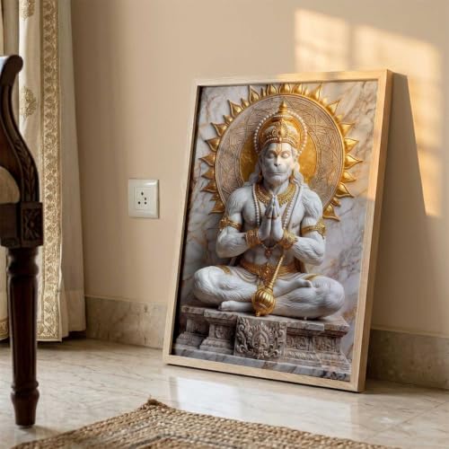 Image of CRAFTLYN Hindu God Wall Art WALL ART Prints Framed Spiritual Religious Paintings for Living Room, Pooja Room, Bedroom, Office, Meditation Room, Home Decor (Hanuman ji, 19 X25, Brown)