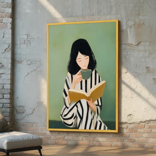 Impression minimaliste tableau femme lisant avec un thé affiche sur toile 50x75