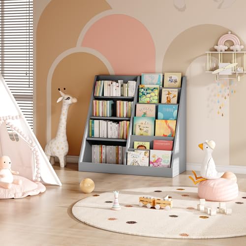 Image of Tatub 6 Tier Kids Wooden Bookshelf and Toy Storage, Children Toy Organizer with Book Shelves, Toddler BookRack Baby Bookcase for Nursery, Playroom and Classroom, Gray