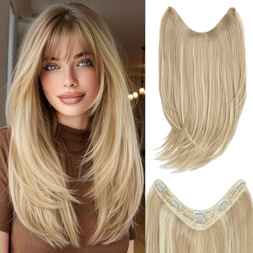 CHALLEAM Clip in V-Shape Hair Extensions for Women 18 Inch One Piece Synthetic Straight Hair Extension Full Head Hairpiece with 5 Clips Dirty Blonde