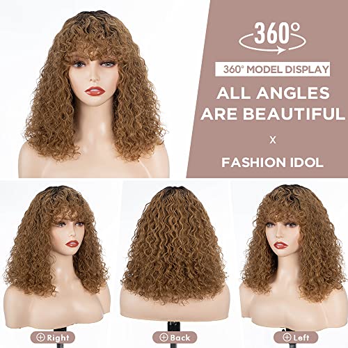 Short Curly Human-Hair Wigs with Bangs 12 Inch Jerry Curl Bob Wigs Human Hair Brazilian Virgin Human Hair None Lace Front Wigs for Black Women Machine Made Ombre Gold Wigs - Image 2