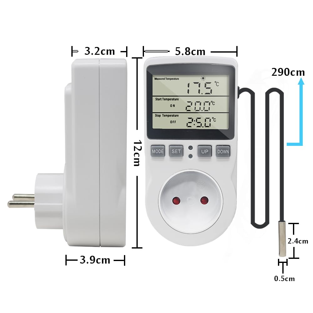 KT3100 - Termostato digitale con regolatore di temperatura, presa 230 V 16 A, con sensore 3 m, riscaldamento, frigorifero, termostato, regolatore per serra rettile terrario casa