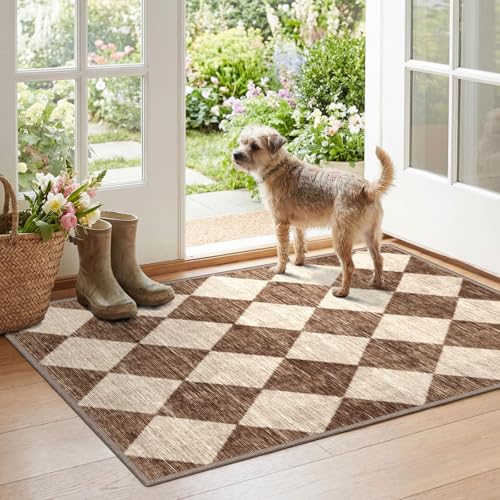 Othilic Checkered Entryway Rug - 28" x 43" Small Front Door Mat Indoor Outside Entrance Non-Slip Washable Outdoor Mat Rustic Brown Beige Modern Farmhouse Rug for Entryway Kitchen Bedroom Porch Decor