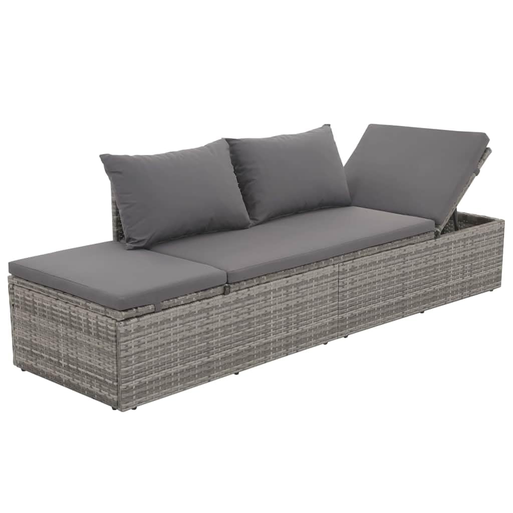 Lettino da giardino in polyrattan grigio, 195 x 60 cm, con schienale e pediera regolabili, imbottitura inclusa, ideale come lettino da sole, isola lounge per terrazza, balcone, relax