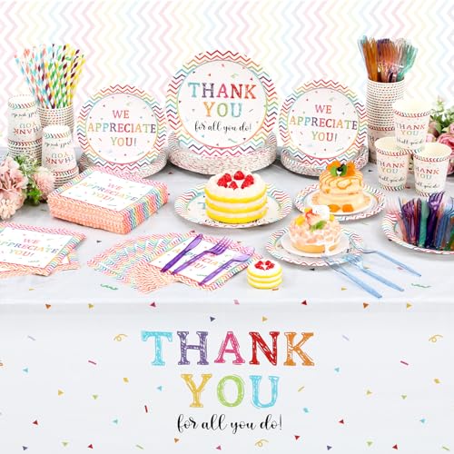 Image of Funnymoom 452 Pcs Thank You Party Decorations for 50, We Appreciate You Paper Plates Napkins Cups Tablecloth Cutlery Straws for Employee Staff Housekeeping Week Pastor Appreciation Party Supplies