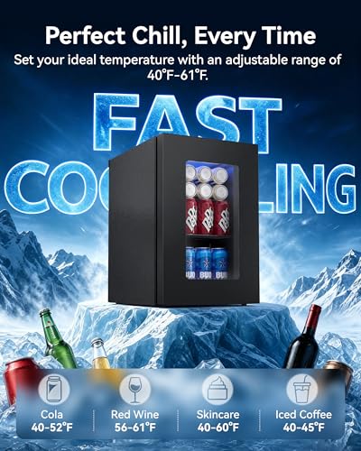 Image of Tehanld 0.6 Cu.ft Beverage Cooler, Compressor Mini Fridge with Glass Door, Small Beverage Refrigerator 40-61F Adjustable Temperature, Freestanding Soda Beer Fridge for Office, Bedroom, Black