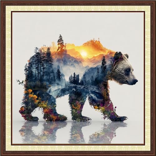 Image of DMCVIVR Stamped Cross Stitch Kits for Beginners Adults Needlepoint Kits for Beginners Embroidery Kits for Adults Crossstitch Kit for Beginners 11CT-Abstract Forest Bear 18x18 inch