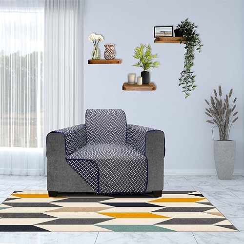 Image of DREAM KING 3 Layers 300 GSM Waterproof Reversible Sofa Cover Single Seater with Pockets | Dust Protective Soft Fabric Sofa Seat Cover Navy Blue & Grey
