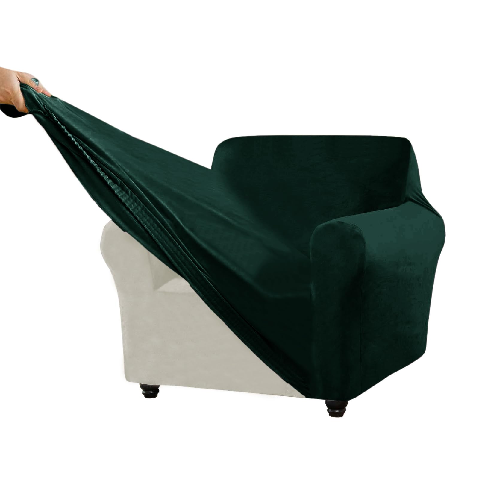 Housse de canapé extensible velours vert foncé 3 pièces protection totale dossier séparé