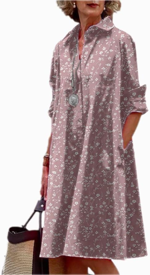 Shirt Dress for Women Floral Plus Size Long Sleeve Collared Button Down 2025 Summer Casual Midi Tunic Tshirt Dress