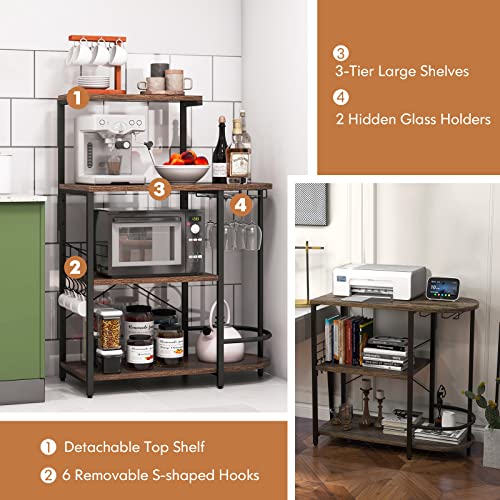 COSTWAY 4-Tier Kitchen Baker's Rack, Industrial Microwave Oven Stand with Detachable Top Shelf, Glass Holder, 6 S-Hooks and Adjustabel Foot Pads, Standing Coffee Bar Table Station, 90x42x124cm - Image 5