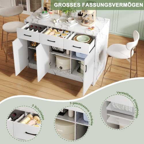 Merax Große Kücheninsel 120 x 60 x 90,5 cm mit Barbereich, Weißes Marmordesign, 3 Schubladen & 3 Türen, Verstellbare Einlegeböden, Ideal für Küchenzeile, Küchenschrank und Buffetschrank