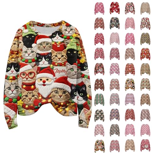 Weihnachtspullover Damen Lustige Weihnachten Muster Pullover für Damen Rundhals Strickpullover Ugly Christmas Sweatshirt Winter Gestrickter Sweater Xmas Langarmshirt...