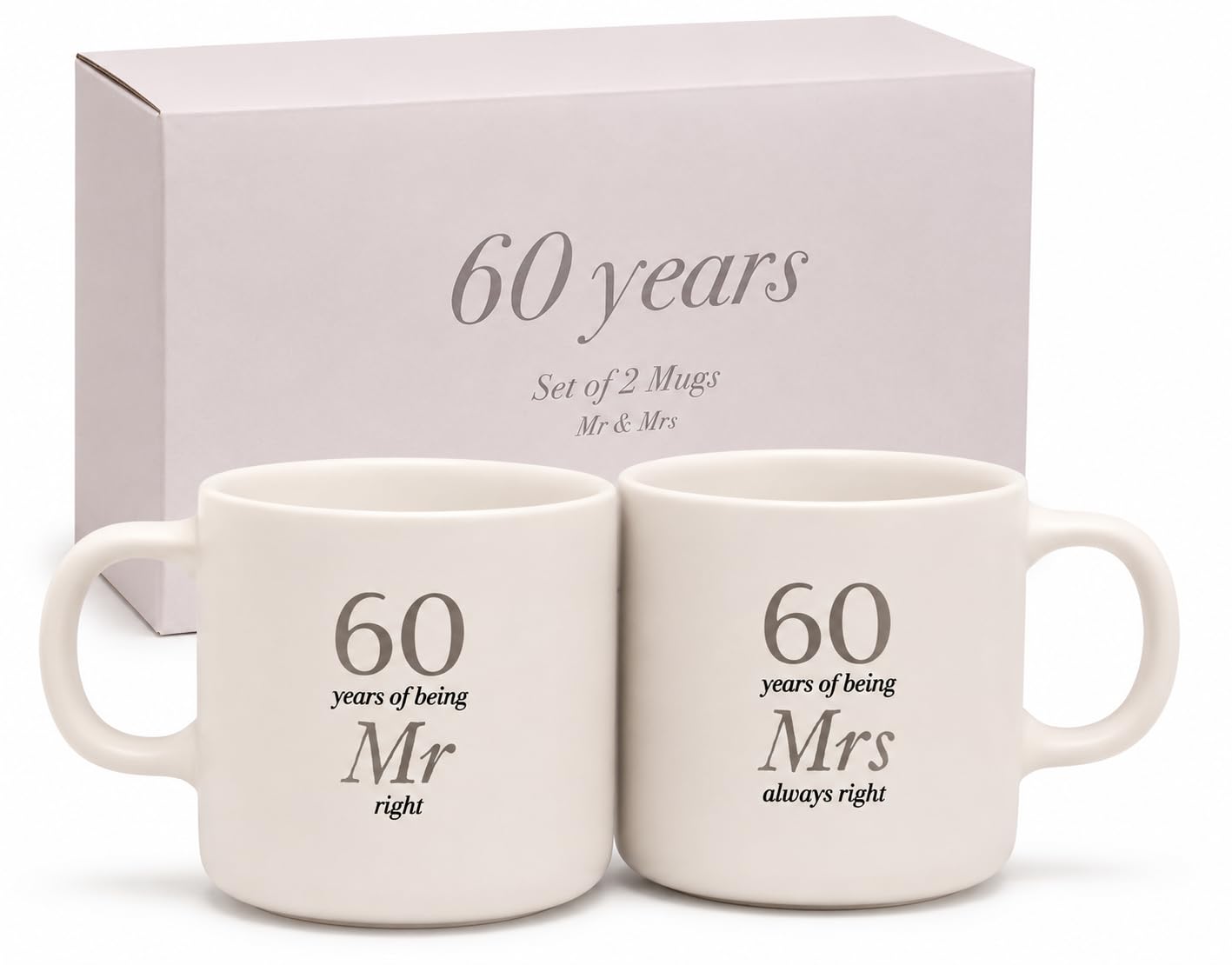 Widdop & Co 60 Years Mr and Mrs Mug Set in Gift Box – Set of 2 Stoneware Coffee Mugs for Married Couples – Diamond Wedding Anniversary Keepsake Gift for Husband Wife Parents Grandparents