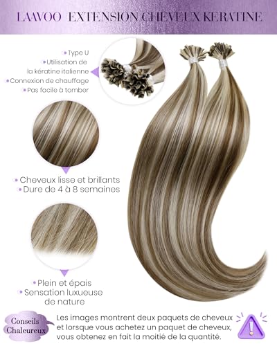 Extension kératine cheveux humain marron highlight platine #P8/24